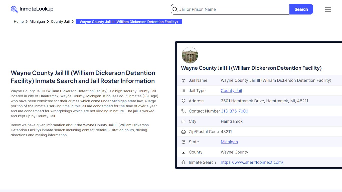 Wayne County Jail III (William Dickerson Detention Facility) Inmate ...